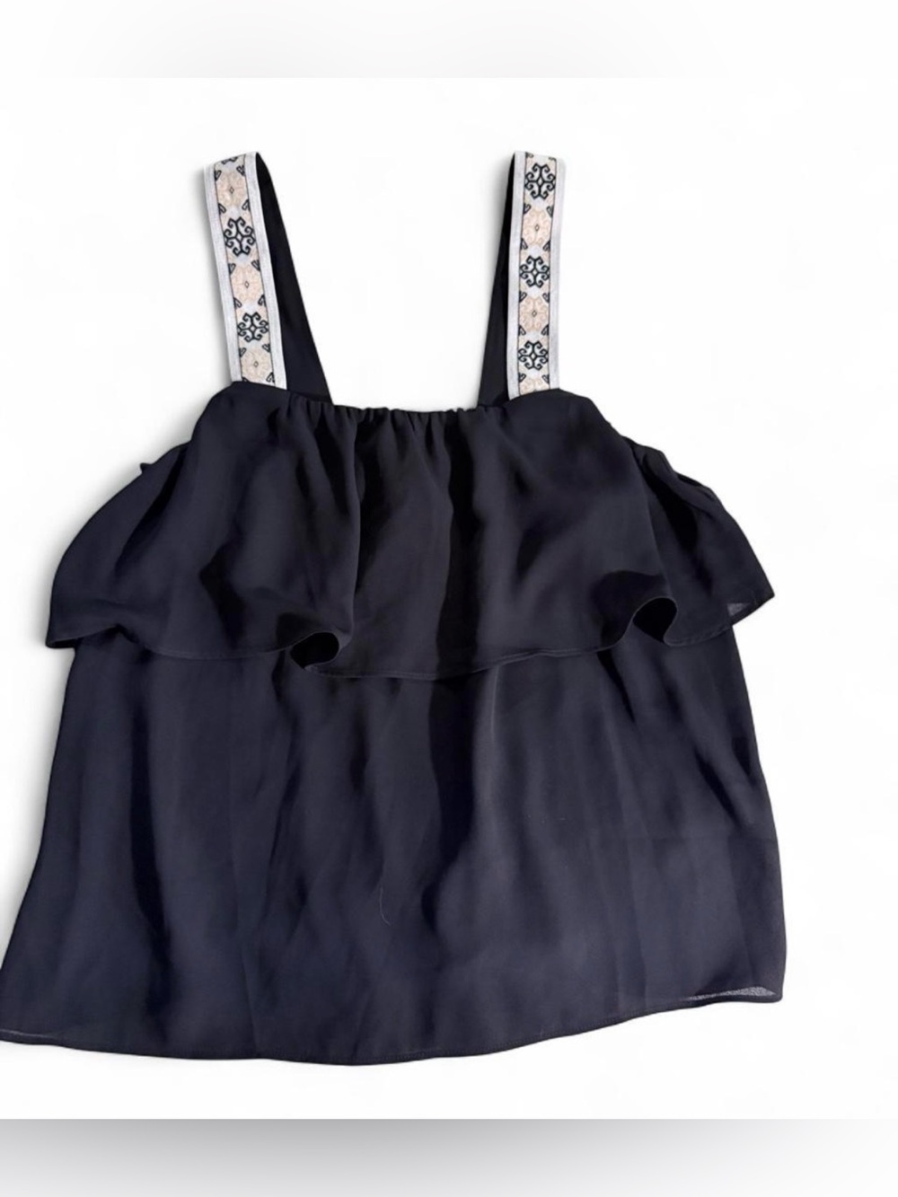 J. Crew Black Ruffle Camisole with Embroidered Straps